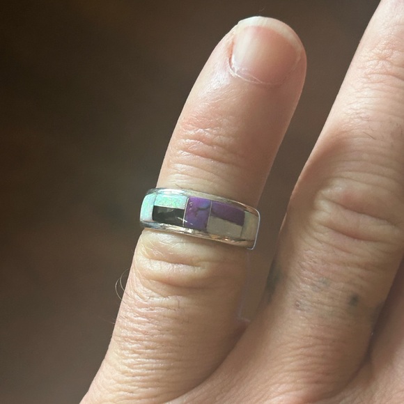 STERLING SILVER NATIVE AMERICAN SIGNED MOJAVE TURQUOISE OPAL ONYX SIGNED RING 7 - Picture 3 of 10